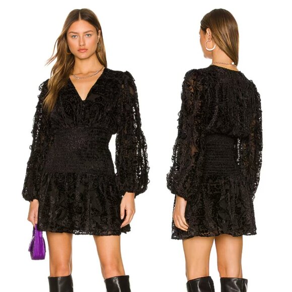 NEW Rococo Sand Jade Mini Dress Black Velvet Paisley Ruffle Resortwear Vacation - Picture 1 of 13